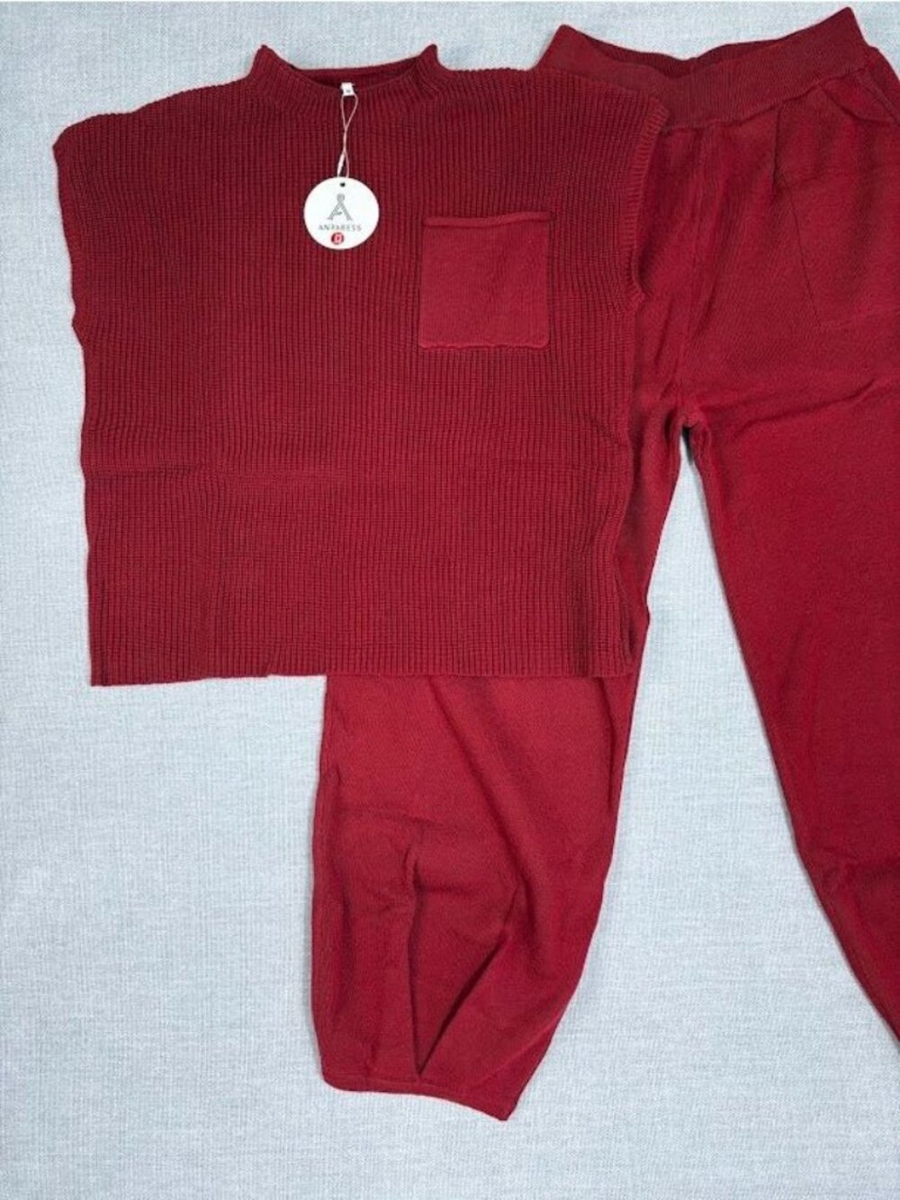 Anrabess Women's Red Ribbed Knit Loungewear Set - Pocketed Top & Elastic Waist